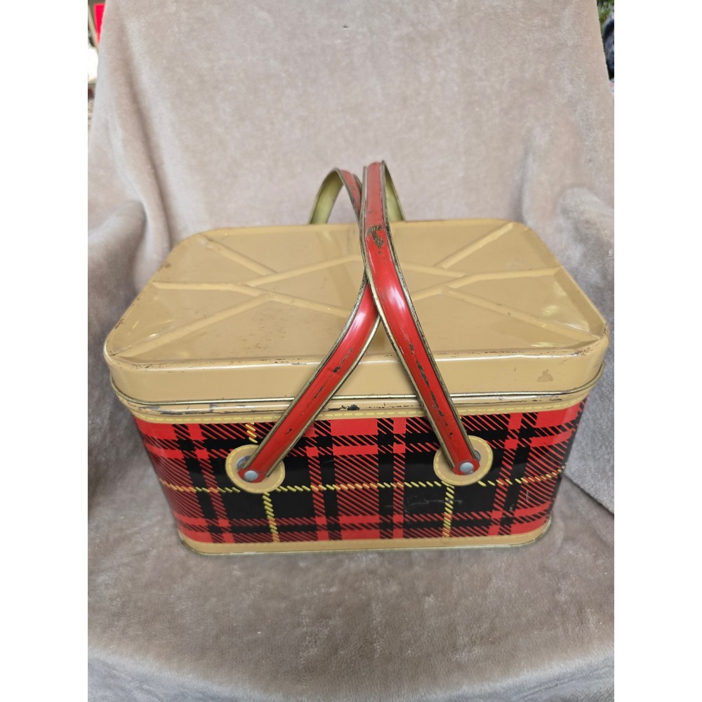 Vintage Nesco Metal Picnic Basket Red Black Plaid Tin Litho Mid Century Hamper